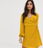 New Look Petite Long Sleeve Wrap Mini Dress In Mustard - Yellow