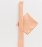 Asos Design Wedding Slim Tie & Pocket Square In Peach Texture