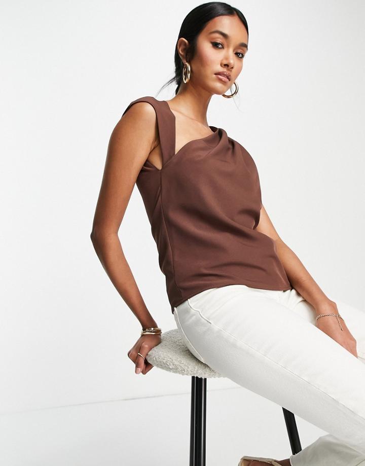 Asos Design Cupped Sleeve Blouse With Asymmetric Neck Detail In Chocolate-brown