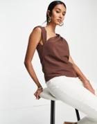 Asos Design Cupped Sleeve Blouse With Asymmetric Neck Detail In Chocolate-brown