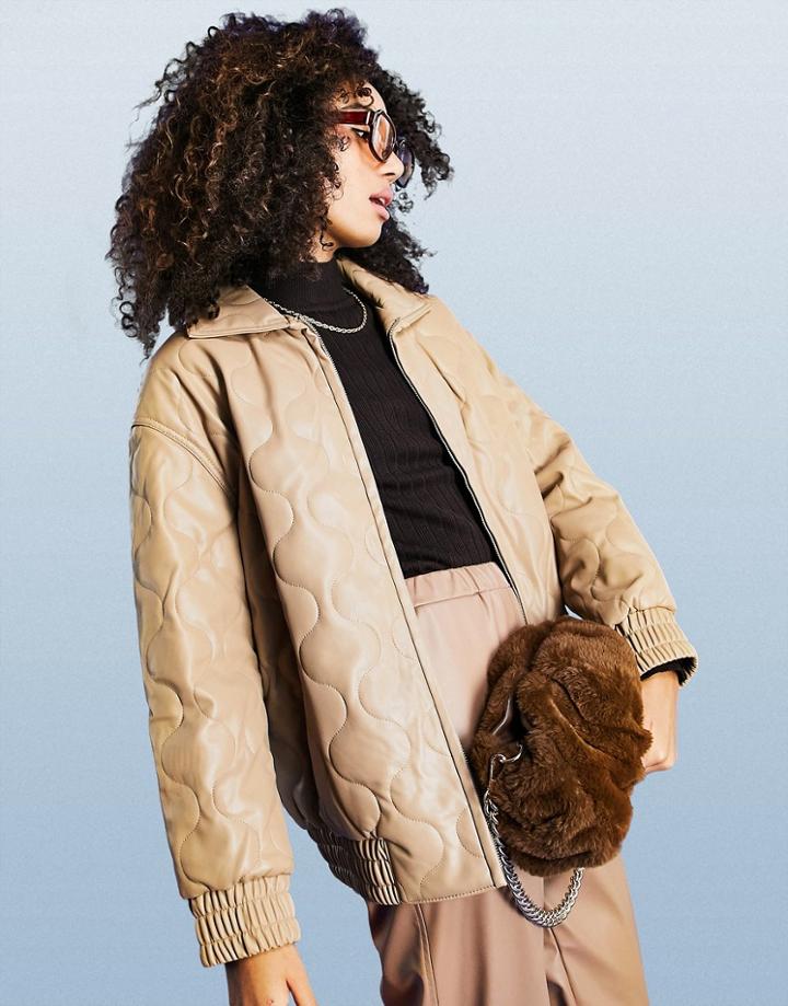 Asos Design Leather Look Quilted Bomber Jacket In Camel-neutral