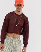 Asos Design Oversized Cropped Long Sleeve T-shirt In Burgundy Mesh-red