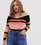 Simply Be Off The Shoulder Knitted Sweater In Multi Stripe - Multi