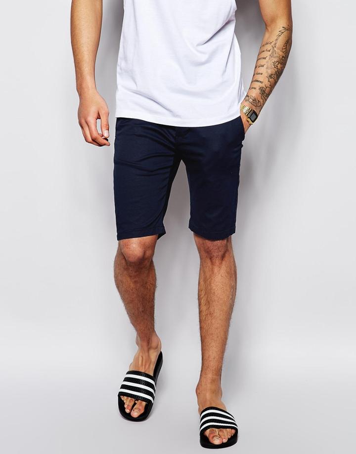 Asos Chino Shorts In Skinny Fit In Mid Length - Navy