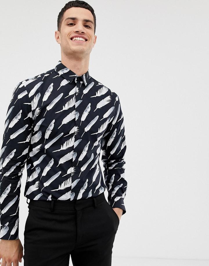 Twisted Tailor Skinny Fit Shirt In Black With Feather Print - Black
