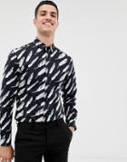 Twisted Tailor Skinny Fit Shirt In Black With Feather Print - Black