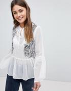Boohoo Embroidered Frill Hem Blouse - White