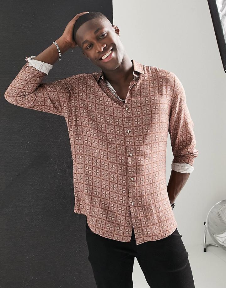 Topman Formal Geo Tile Print Shirt In Brown