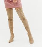 Missguided Over The Knee Faux Suede Heeled Boots In Beige - Beige