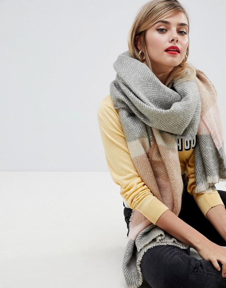 Asos Design Long Oversized Herringbone Scarf In Pastel Stripe - Gray