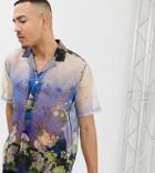 Asos Design Tall Regular Fit Shirt In Sheer Organza Floral - Blue