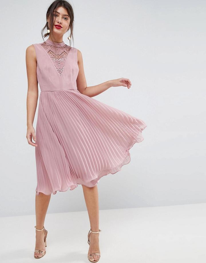 Asos Sleeveless Lace Insert Pleated Midi Dress - Beige