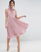Asos Sleeveless Lace Insert Pleated Midi Dress - Beige