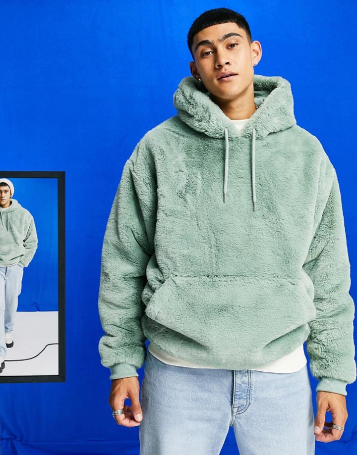 Asos Design Oversized Faux Fur Hoodie In Pastel Green