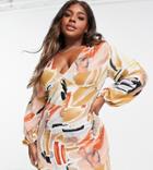 In The Style Plus Plunge Front Volume Sleeve Mini Dress In Multi Brush Stroke Print