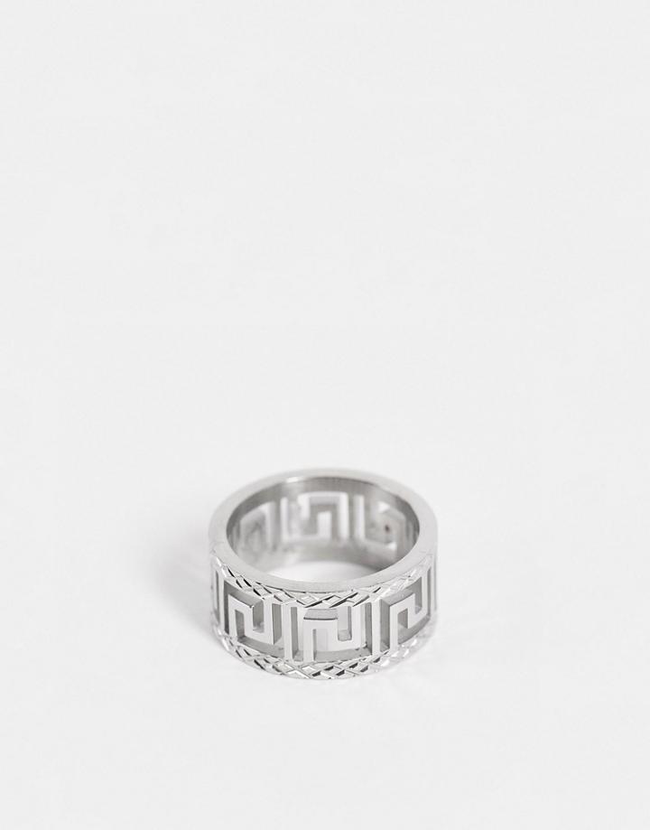 Asos Design Waterproof Stainless Steel Band Ring With Greek Wave Cut Out Design In Silver Tone
