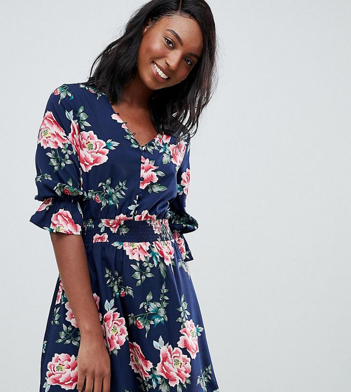 Influence Tall V Neck Floral Tea Dress With Gathered Sleeve - Blue