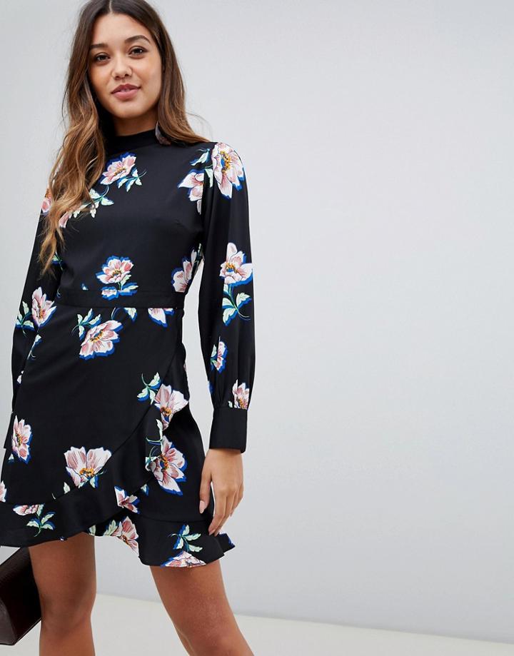 Boohoo High Neck Frill Hem Mini Dress In Floral - Black