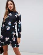 Boohoo High Neck Frill Hem Mini Dress In Floral - Black