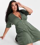 Asos Design Curve Tea Dress With Horn Buttons In Khaki-green