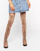 Truffle Lace Up Over The Knee Chunky Boot - Beige