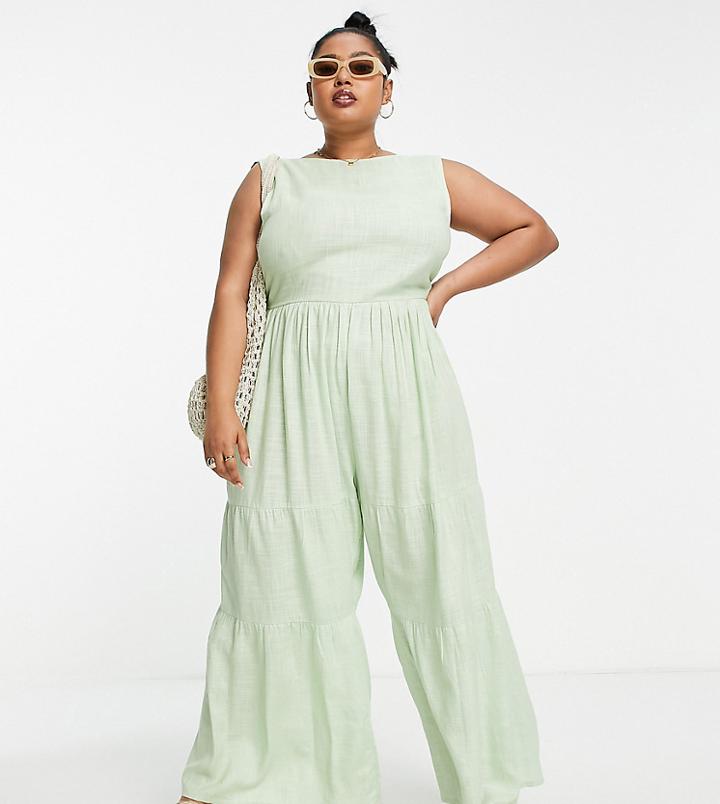 Asos Design Curve Linen Smock Tie Back Jumpsuit In Sage-green