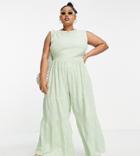 Asos Design Curve Linen Smock Tie Back Jumpsuit In Sage-green