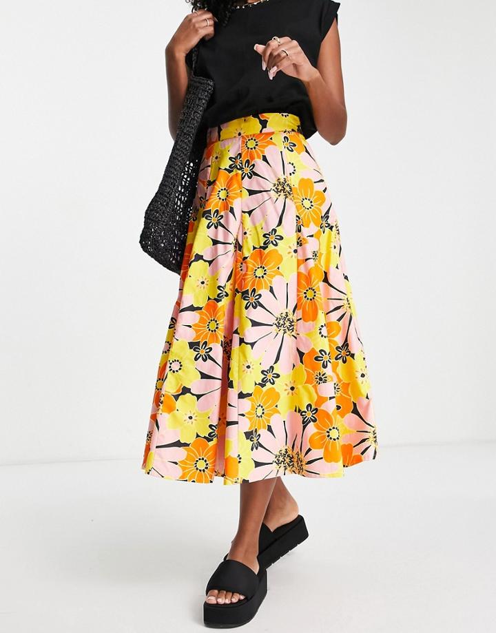 Asos Design Full Cotton Midi Skirt In Bright Floral Print-multi