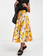 Asos Design Full Cotton Midi Skirt In Bright Floral Print-multi