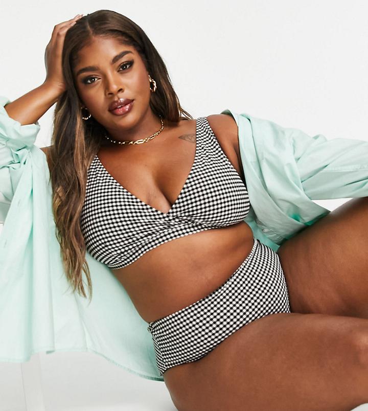 Peek & Beau Curve Exclusive Wrap Bikini Top With Detailing In Seersucker Black And White Gingham-multi