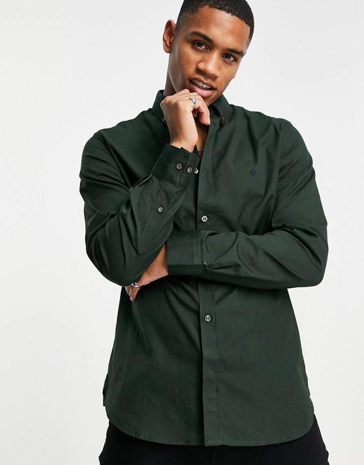 French Connection Long Sleeve Oxford Shirt In Solid Dark Green