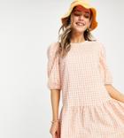 Nobody's Child Smock Frill Dress In Peach Check-pink