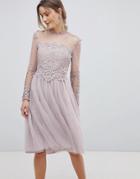 Little Mistress High Neck Long Sleeve Skater Dress With Lace Detail - Pink