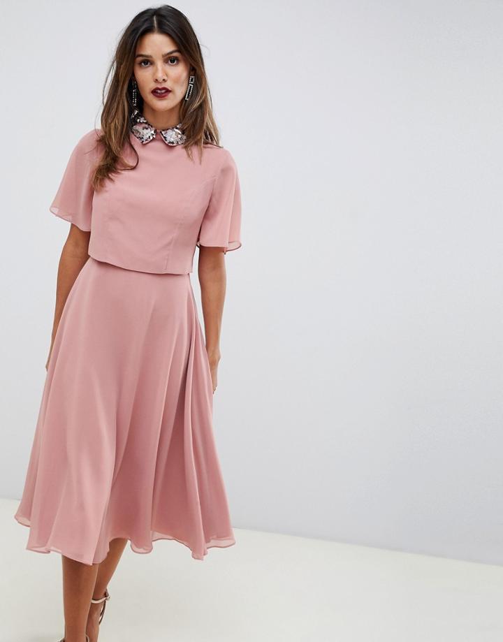Asos Design Midi Dress With Crop Top And Embellished Collar-multi