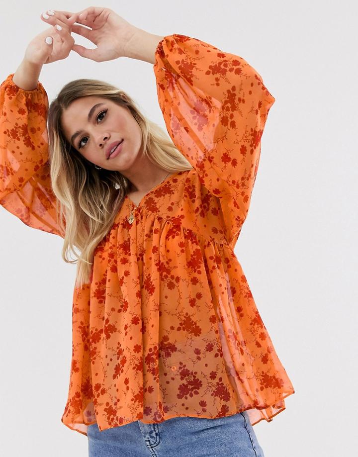 Asos Design V Neck Smock Top In Floral Print - Multi