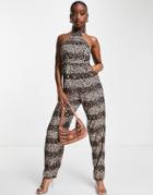 Motel High Neck Relaxed Backless Jumpsuit In Retro Polka Dot-brown