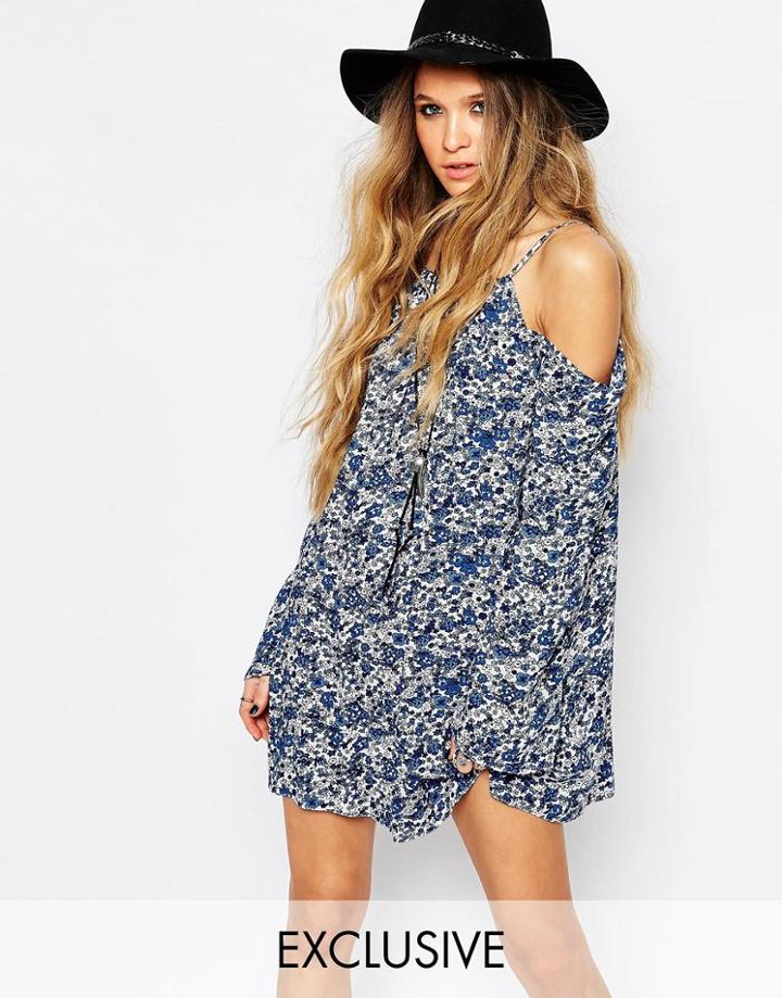 Reclaimed Vintage Cold Shoulder Dress With Floral Print - Blue