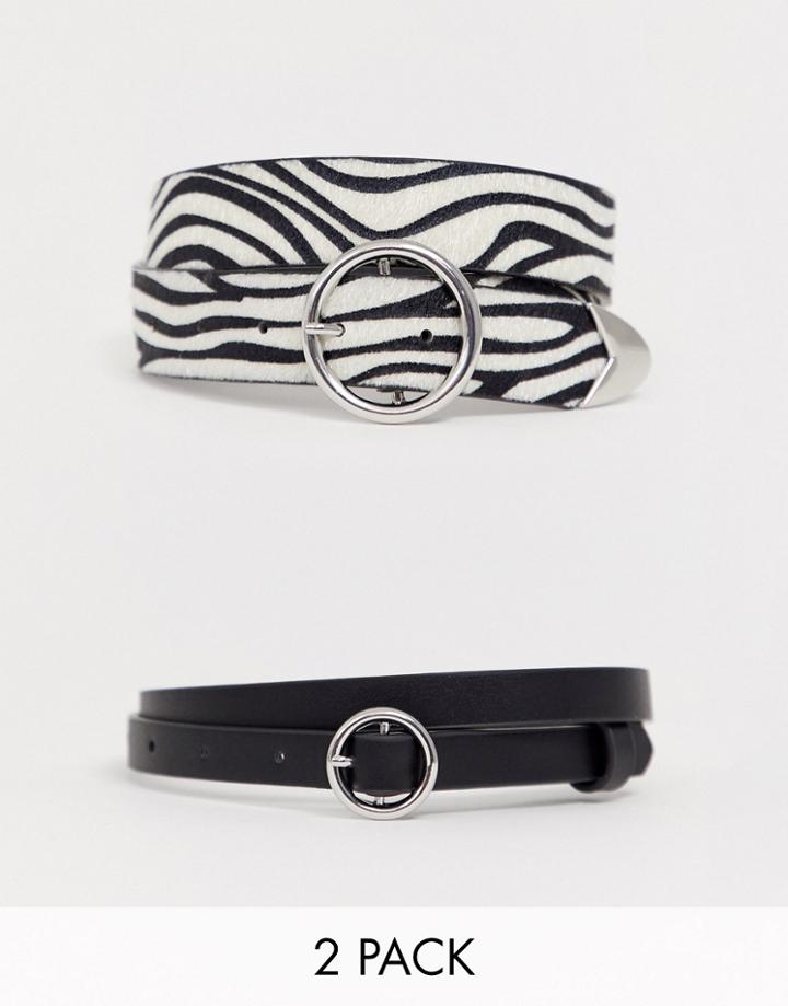 Asos Design 2 Pack Zebra And Circle Buckle Belt - Multi