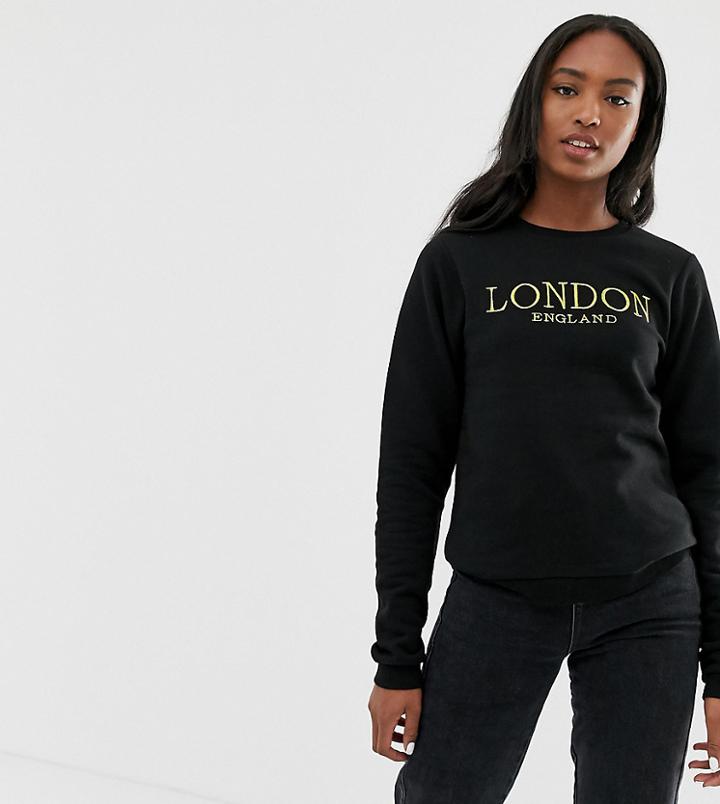 Asos Design Tall Sweat In Boyfriend Fit With Gold London Embroidery - Black