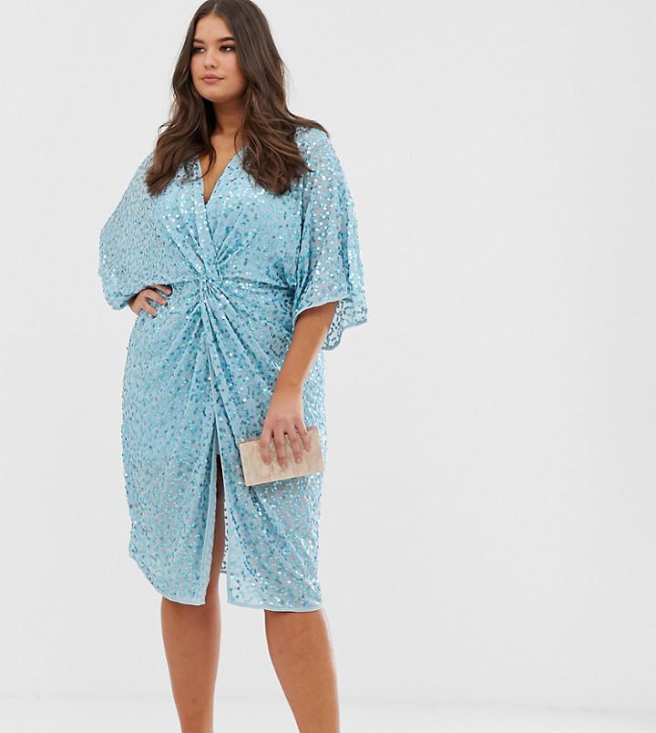 Asos Design Curve Scatter Sequin Knot Front Kimono Midi Dress-blue