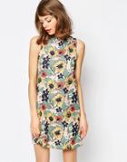 Asos Bold Floral Shift Dress With Frill Collar - Multi