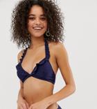 Warehouse Bikini Top With Frill Detail In Navy - Navy