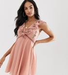 Asos Design Mini Dress With Lace Trim Detail And Embroidery - Multi