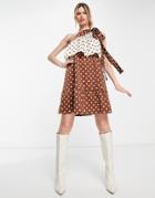 Y.a.s One Shoulder Mini Dress In Chocolate Polka Dot - Brown