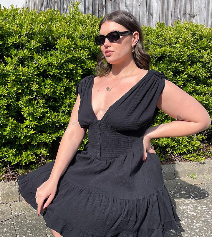 Asos Design Curve Shirred Waist Button Front Tiered Mini Sundress In Crinkle In Black