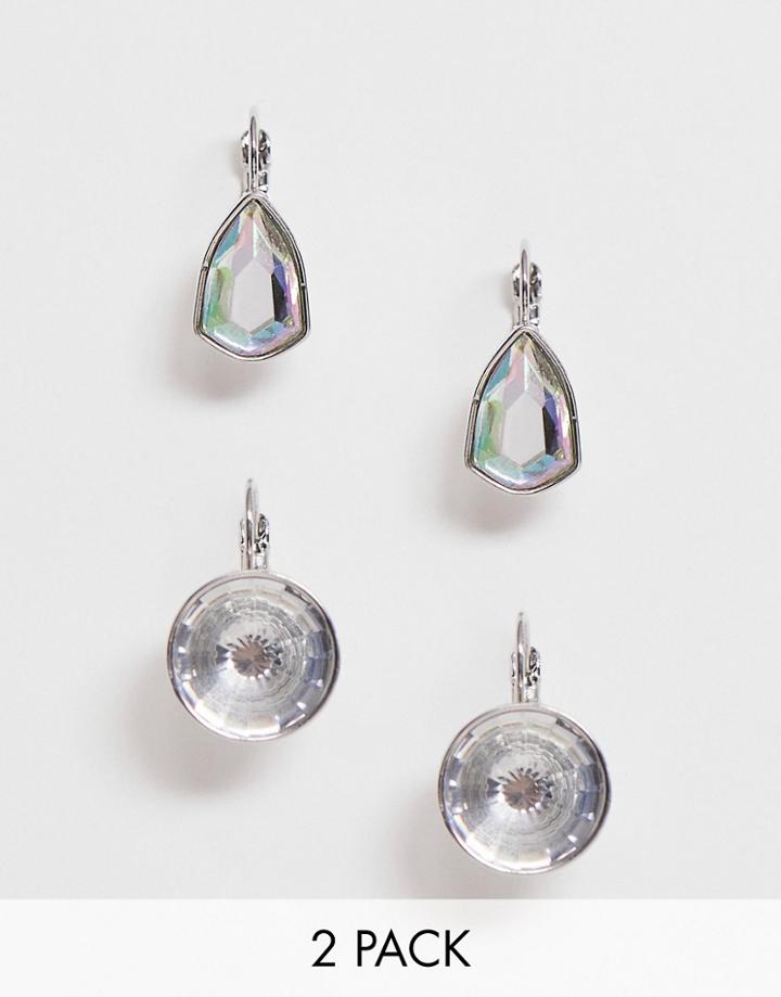 Asos Design Pack Of 2 Earrings With Classic And Pear Shape Crystal Drop In Silver Tone - Silver