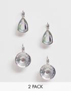 Asos Design Pack Of 2 Earrings With Classic And Pear Shape Crystal Drop In Silver Tone - Silver