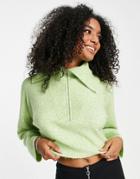 Topshop Knitted Crop Sweater With Zip Up Funnel In Green