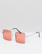 Asos Square Sunglasses In Gold With Pink Lens - Gold