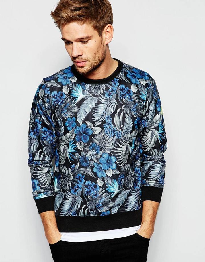 Replay Crew Sweatshirt All Over Floral Print In Black - Black